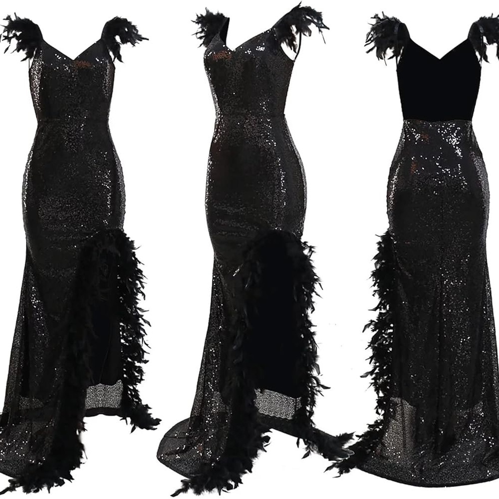 Black Sequin Feather-Trim Maxi Dress